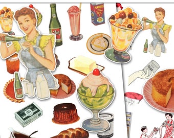 Kortstondige vintage koken, afdrukbaar vintage voedselcollageblad, retro keuken clipart, pietluttig gesneden huisvrouw kortstondig, grafische ongewenste tijdschriftafbeeldingen