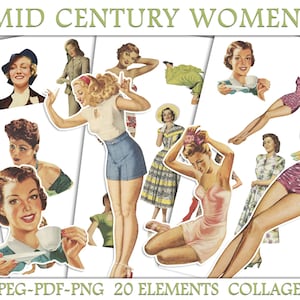 Vintage Women Junk Journal Ephemera, Printable Collage Sheet, Mid Century Women Clipart, Fussy Cut 1950 Ephemera, Digital Scrapbook Elements