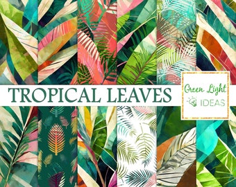 Tropical Leaves Digital Papers, Palm Tree Scrapbook Papers, Summer Backgrounds, Abstract Journal Digital Paper, Sublimation Printable Papers