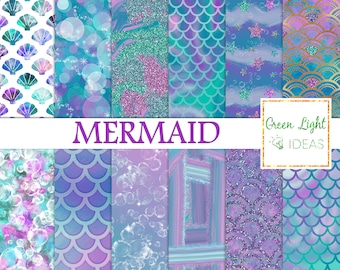 Mermaid Digital Papers, Mermaid Scales Printable Papers, Undersea Backgrounds, Summer Scrapbook Papers, Fantasy Foil Glitter Digital Papers