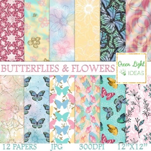Butterfly Digital Papers, Floral Scrapbook Papers, Cute Butterflies Printable Paper, Spring Background, Butterfly Shabby Junk Journal Paper