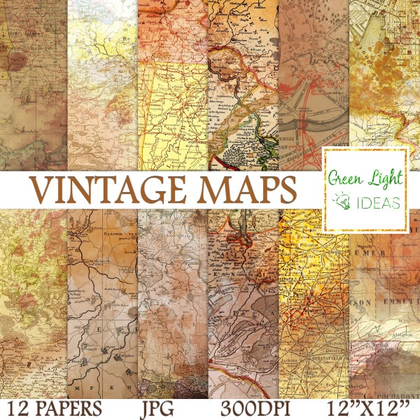 Vintage Maps Digital Papers, Ephemera Scrapbook Papers, Old Maps Backgrounds, Junk Journal Antique Textures, World Map Printable Papers