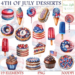 4. Juli Aquarell Desserts Clipart, USA Urlaub Sweets Food Illustrationen, American Patriotic Clipart, Cupcake, Donuts, kommerzielle Nutzung