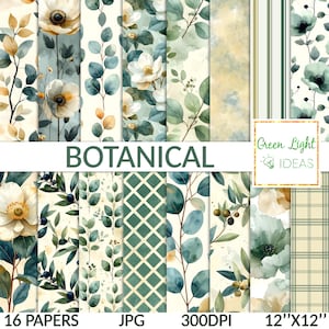 Botanical Greenery Digital Papers, Watercolor Leaves Seamless Patterns, Eucalyptus Backgrounds, Olive Journal Papers, Floral Scrapbooking
