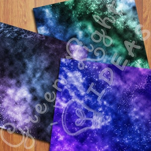 May include: Three digital paper backgrounds with a galaxy theme. The backgrounds are blue, purple and green with white stars and glitter.