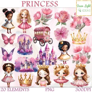Watercolor Pink Princess Clipart, Fairytale Girly Illustrations, Cute Princess Graphics, Little Princess Sublimation Clipart, Commercial Use