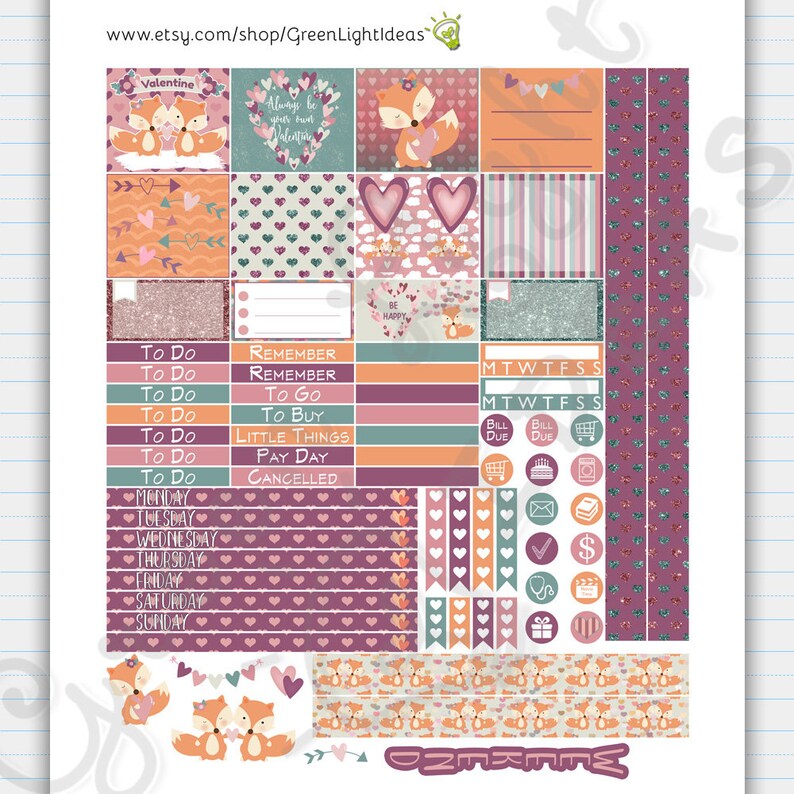 Valentine's Foxes MINI Happy Planner Printable Sticker, Cute Valentine ...