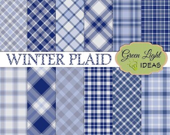 Digitaal papierpakket wintergeruite tartan, blauw geruit digitaal papier, afdrukbaar winterpapier, blauwe geruite achtergrond, digitale textuur tartan