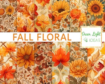 Orange Fall Floral Digital Papers, Autumn Flowers Scrapbook Papers, Leaves Junk Journal Papers, Autumn Backgrounds, Thanksgiving Papers