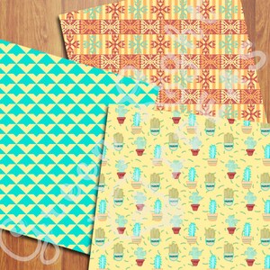 May include: Three digital paper patterns featuring geometric designs. The first pattern is a yellow background with teal blue triangles. The second pattern is a yellow background with red, orange, and teal blue geometric shapes. The third pattern is a yellow background with green cacti in terracotta pots.