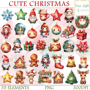 Watercolor Cute Christmas Clipart, Classic Christmas Sublimation PNG, Xmas Santa Illustrations, Holidays Graphics, Winter Kawaii Clipart