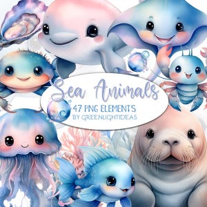Niedliche Meerestiere Clipart, Ozean Leben Illustrationen, Aquarell Meerestiere Sublimation Grafiken PNG, Kawaii Pastell Ozean Tiere Clipart