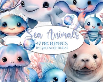 Cute Sea Animals Clipart, Ocean Life Illustrations, Watercolor Sea Creatures Sublimation Graphics PNG, Kawaii Pastel Ocean Animals Clipart