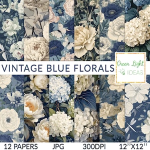 Vintage Blaue Blumen Digitale Papiere, Mohnblumen Scrapbook Papiere, Blaue Blumen Hintergründe, Vintage Blumen Sublimation Bedruckbare Papiere