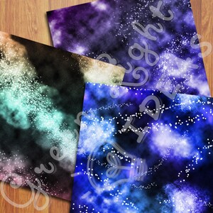 May include: Three digital paper backgrounds featuring a galaxy theme with white stars and blue, purple, and green nebulae.