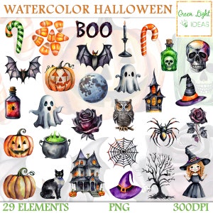 Aquarell Halloween Clipart, gruselige Illustrationen, Hexe Sublimationsgrafiken PNG, Kürbisse, Scrapbook Clipart Bundle Kommerzielle Nutzung