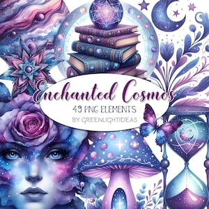 Watercolor Celestial Galaxy Clipart, Mystical Cosmic Illustrations, Magical Stars, Moon Clipart, Fantasy Digital Stickers, Dreamy Graphics