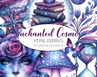 Clipart de Galáxia Celestial em Aquarela, Ilustrações Cósmicas Místicas, Estrelas Mágicas, Clipart de Lua, Adesivos Digitais de Fantasia, Gráficos Sonhadores