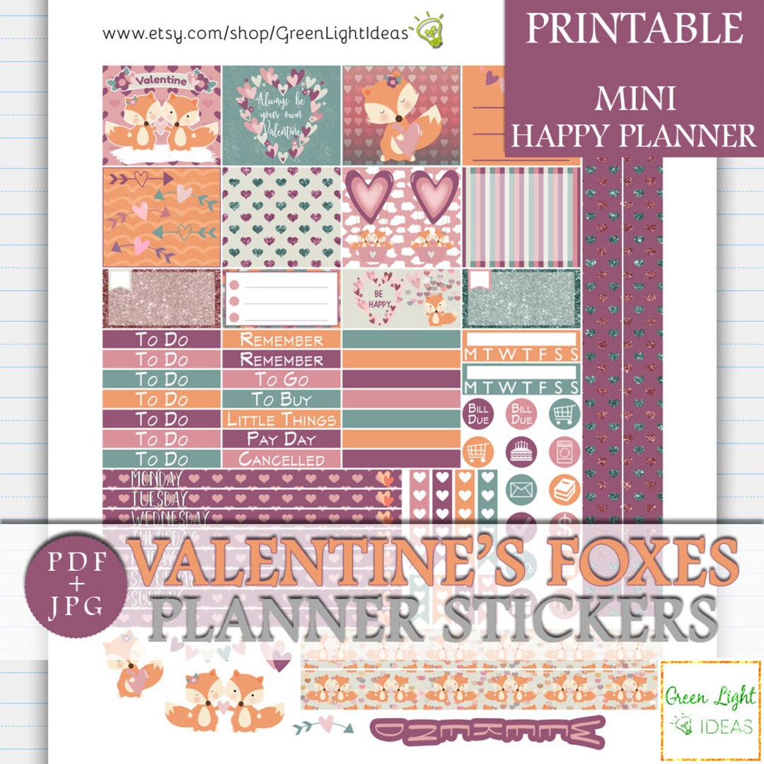 Valentine's Foxes MINI Happy Planner Printable Sticker, Cute Valentine ...