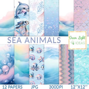 Papeles digitales de animales marinos, fondos oceánicos, papeles imprimibles submarinos, álbumes de recortes submarinos, fondos marinos de acuarela