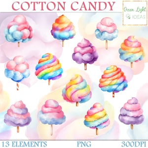 Clipart de algodão doce, ilustrações de sobremesas em aquarela, gráficos de sublimação de algodão doce de aniversário, arte de berçário de doces, uso comercial