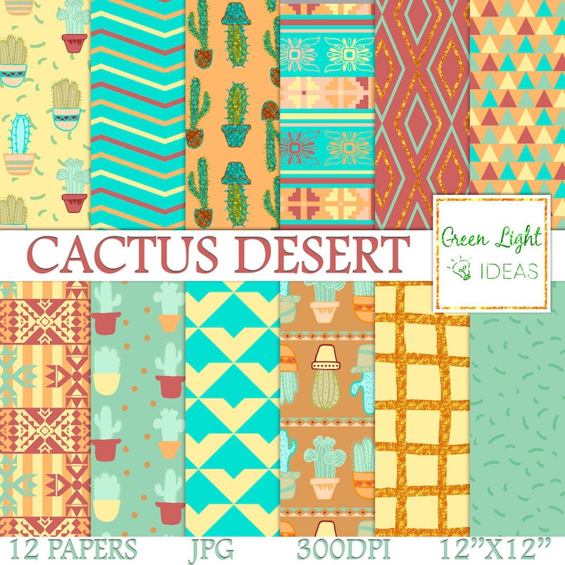 May include: Twelve digital paper designs featuring cactus and desert themed patterns in a variety of colours, including turquoise, yellow, orange, and red. The papers are 12 inches by 12 inches and 300 DPI. The text "Cactus Desert" is in the centre of the image. The text "Green Light Ideas" is in the top right corner of the image.
