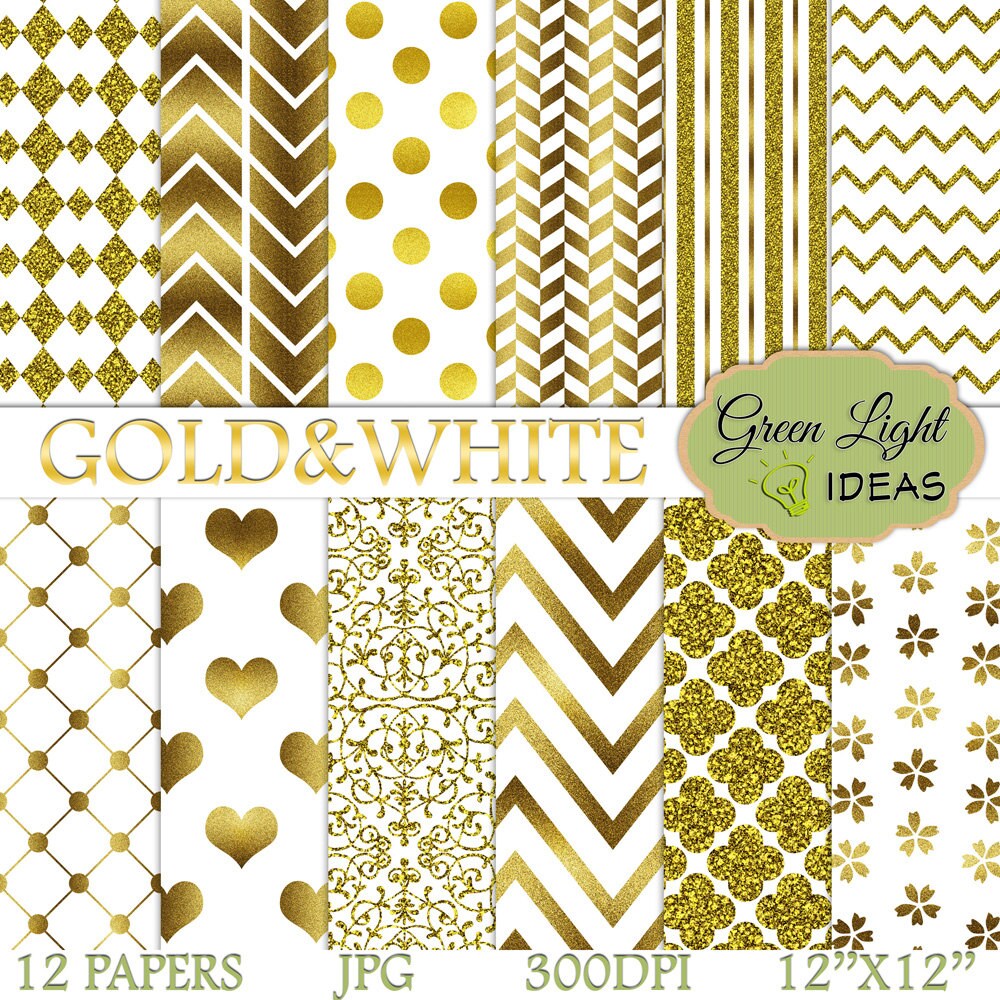 Gold and White Digital Paper, Bridal Scrapbook Paper, Gold Wedding