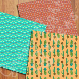 May include: Three digital paper patterns featuring geometric designs. The first pattern is a turquoise and white chevron pattern. The second pattern is a red and gold diamond pattern. The third pattern is a light orange pattern with green cactus plants in pots.