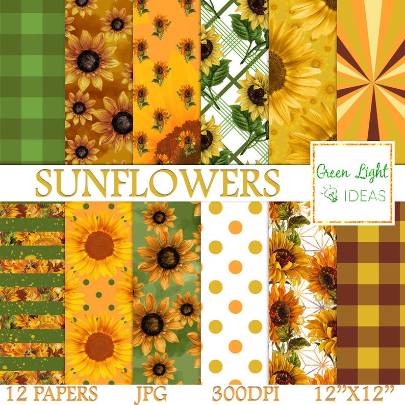 Sunflowers Digital Papers, Vintage Flowers Scrapbook Papers, Spring