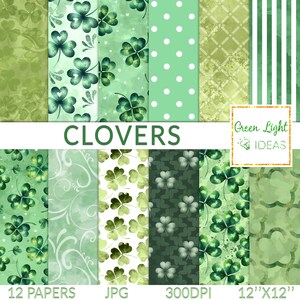 Papiers numériques pour la Saint-Patrick, Papiers imprimables Trèfles porte-bonheur, Papiers de scrapbooking irlandais, Motifs de trèfle, arrière-plans de journal vert de mars