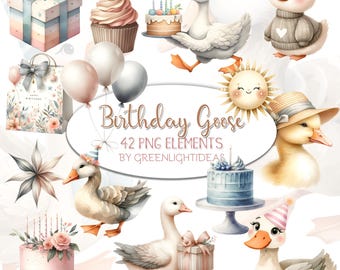 Birthday Silly Goose Clipart, Cute Goose Party Illustrations, Watercolor Birthday Cottagecore Sublimation Graphics, Nursery Goose Scrapbook