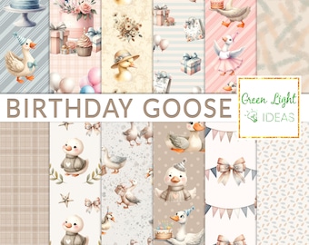Silly Goose Birthday Digital Papers, Birthday Backgrounds, Goose Party Seamless Patterns, Neutral Cottagecore Scrapbook Papers, Baby Papers