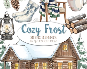 Watercolor Winter Cozy Clipart, Watercolor Snowy Winter Graphics, Cabin Illustrations, Christmas Sublimation Graphics, Holidays Clipart