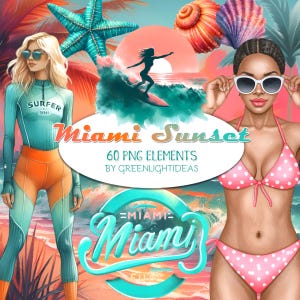 Miami Sunset Clipart, Summer Beach Graphics , Vacation Planner Girl Clipart, Summer Vibes Fashion Girl Illustrations, Travel Planner Clipart