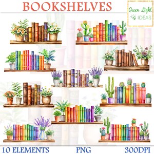 Watercolor Bookshelves Clipart, Book Borders Illustrations, Library Graphics, Book Lover Sublimation Graphic, Books Clipart, Commercial Use