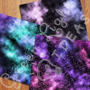 May include: Three digital paper backgrounds featuring a galaxy theme with a dark blue, purple, and pink colour scheme. The backgrounds are filled with stars and nebulae.