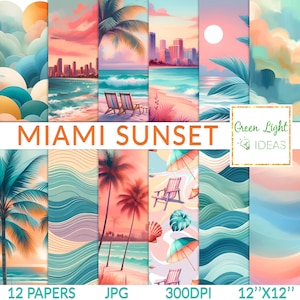 May include: A collection of 12 digital papers with Miami sunset themes. The papers feature watercolor illustrations of beaches, palm trees, city skylines, and ocean waves in shades of pink, orange, and teal. The text "Miami Sunset" is displayed prominently.