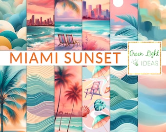 Papeles digitales de atardeceres en Miami, papeles para álbumes de recortes de verano, fondos de playa, papeles digitales de vacaciones de verano, papeles imprimibles de viajes junto al mar