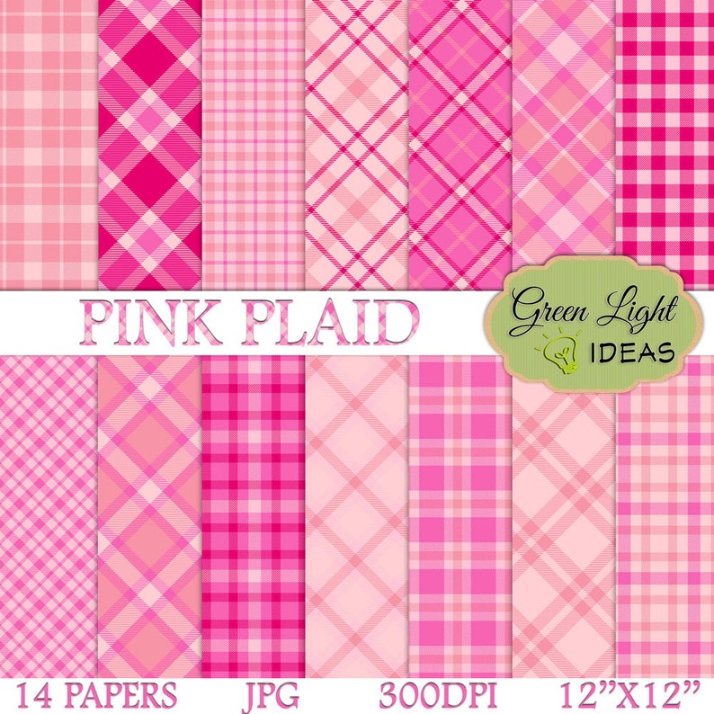 Op de afbeelding: Een set van 14 digitale papieren met roze en witte ruitpatronen. De papieren zijn 30,5 cm bij 30,5 cm en 300 DPI. De tekst "PINK PLAID" en "Green Light Ideas" is in de afbeelding opgenomen.