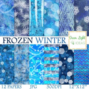 Frozen Winter Digital Papers, Snowflakes Scrapbook Papers, Blue Winter Printable Papers, Frosted Winter Watercolor Texture, Ice Background