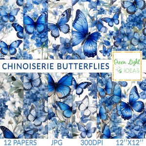 Papiers numériques Chinoiserie Papillons, Papiers de scrapbooking Papillon floral bleu, Fonds porcelaine fine, Papiers toile du Jouy pour sublimation