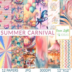 Summer Carnival Digital Papers, Circus Scrapbook Papers, Funfair Backgrounds, Carousel Digital Papers, Ferris Wheel Sublimation Papers