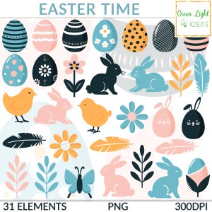 Easter Time Clipart, Easter Eggs Sublimation Graphics, Bunny Silhouettes Illustrations, Spring Flowers Scrapbook Clipart, Commercial Use