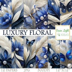 Carta digitale di lusso blu, carta per scrapbooking con fiori blu, carta stampabile blu e argento, sfondi con farfalle, sfondi con perle glamour