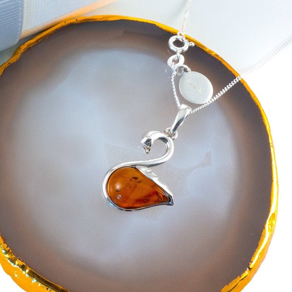 Personalised Amber And Sterling Silver Swan Necklace