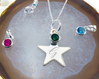 Personalisierte Sterling Silber Geburtsstein und Stern Halskette
