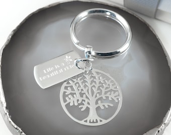 Personalised Sterling Silver Tree of Life And Message Tag Keyring