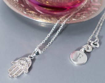 Personalised Silver and Cubic Zirconia Hamsa Hand Necklace