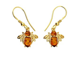 Brinco de abelha em ouro vermeil 18 quilates e âmbar conhaque