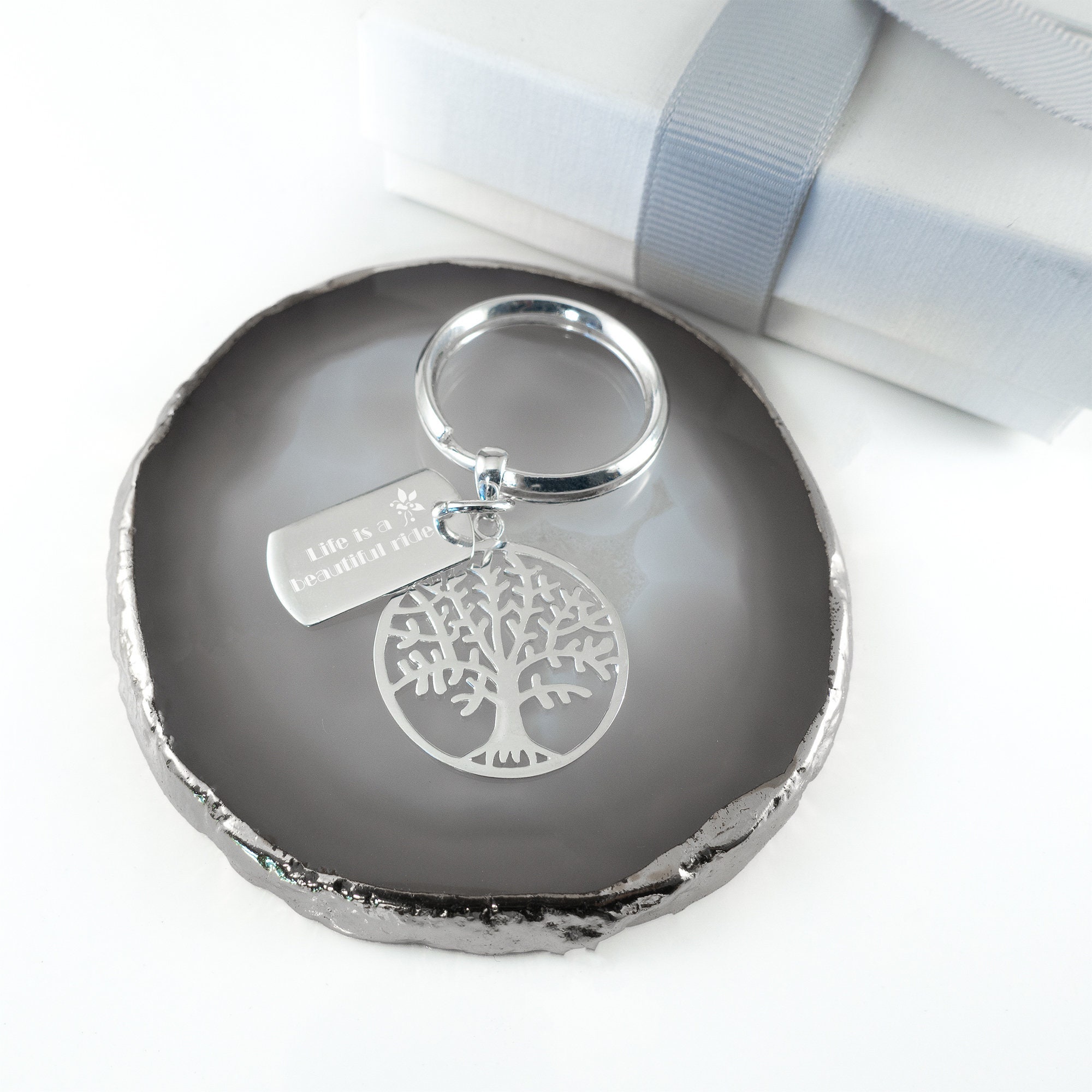 Silver Tree of Life Keyring With Personalised Names Sterling Silver  Keychain Key Fob Key Ring Back Engraving Option 